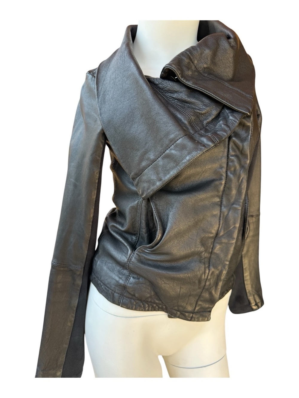 All Saints Black stretch lambskin leather jacket w/ asymmetrical funnel collar